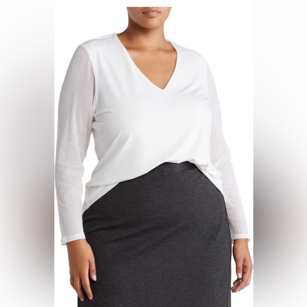 NWT Tahari Woman v neck illusion mesh long sleeves blouse.